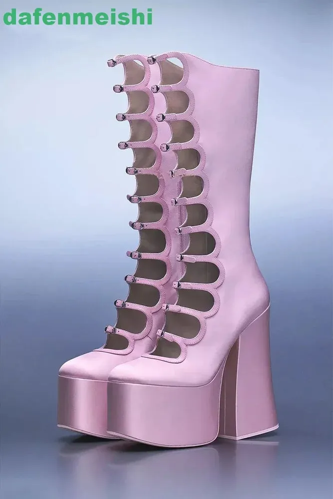 2025 New Women Pole Dance Shoes Hollow Mid-Calf Boots Platform Zipper Square Heel Buckle Strap Fashion Round Toe Sexy Boots