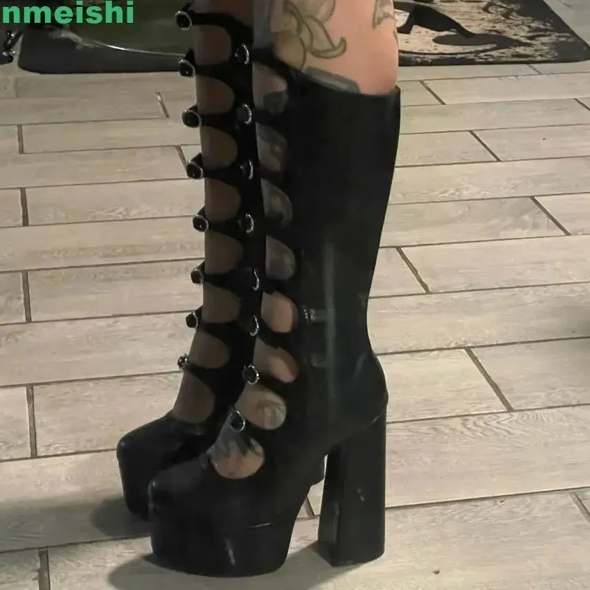 2025 New Women Pole Dance Shoes Hollow Mid-Calf Boots Platform Zipper Square Heel Buckle Strap Fashion Round Toe Sexy Boots