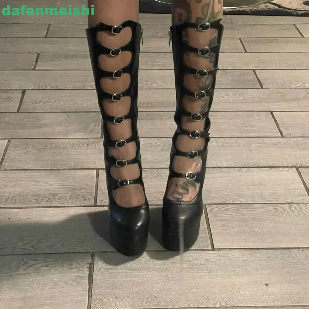 2025 New Women Pole Dance Shoes Hollow Mid-Calf Boots Platform Zipper Square Heel Buckle Strap Fashion Round Toe Sexy Boots
