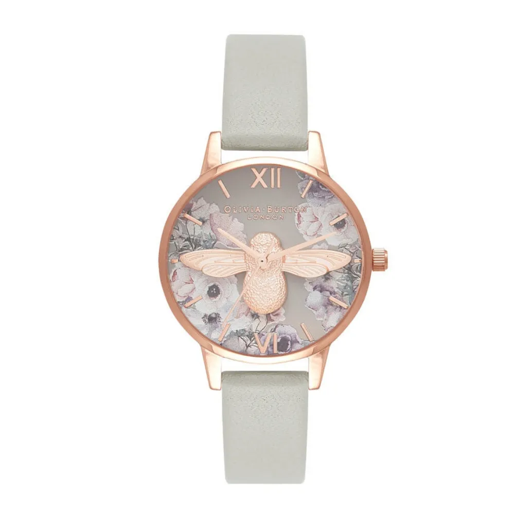 3D Bee Watercolor Florals Midi Dial Grey and Rose Gold Watch