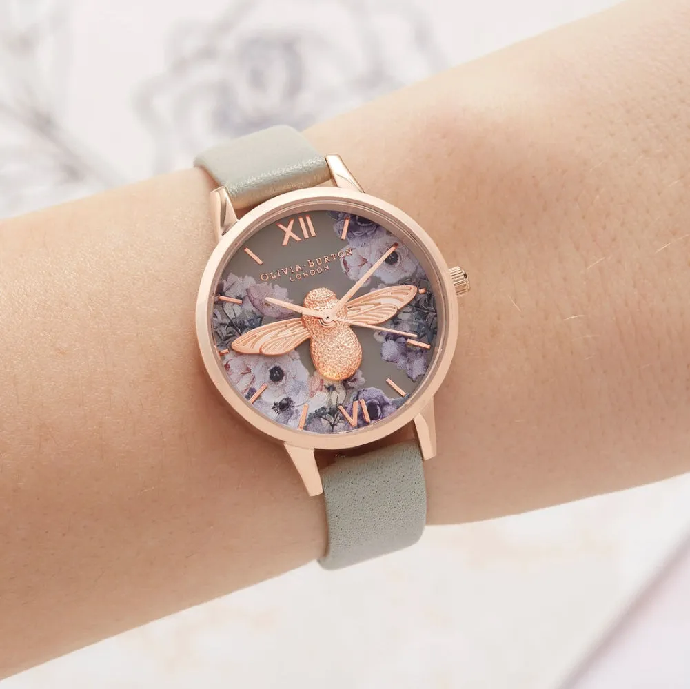 3D Bee Watercolor Florals Midi Dial Grey and Rose Gold Watch