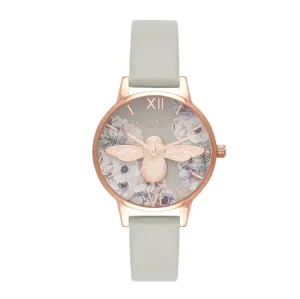 3D Bee Watercolor Florals Midi Dial Grey and Rose Gold Watch