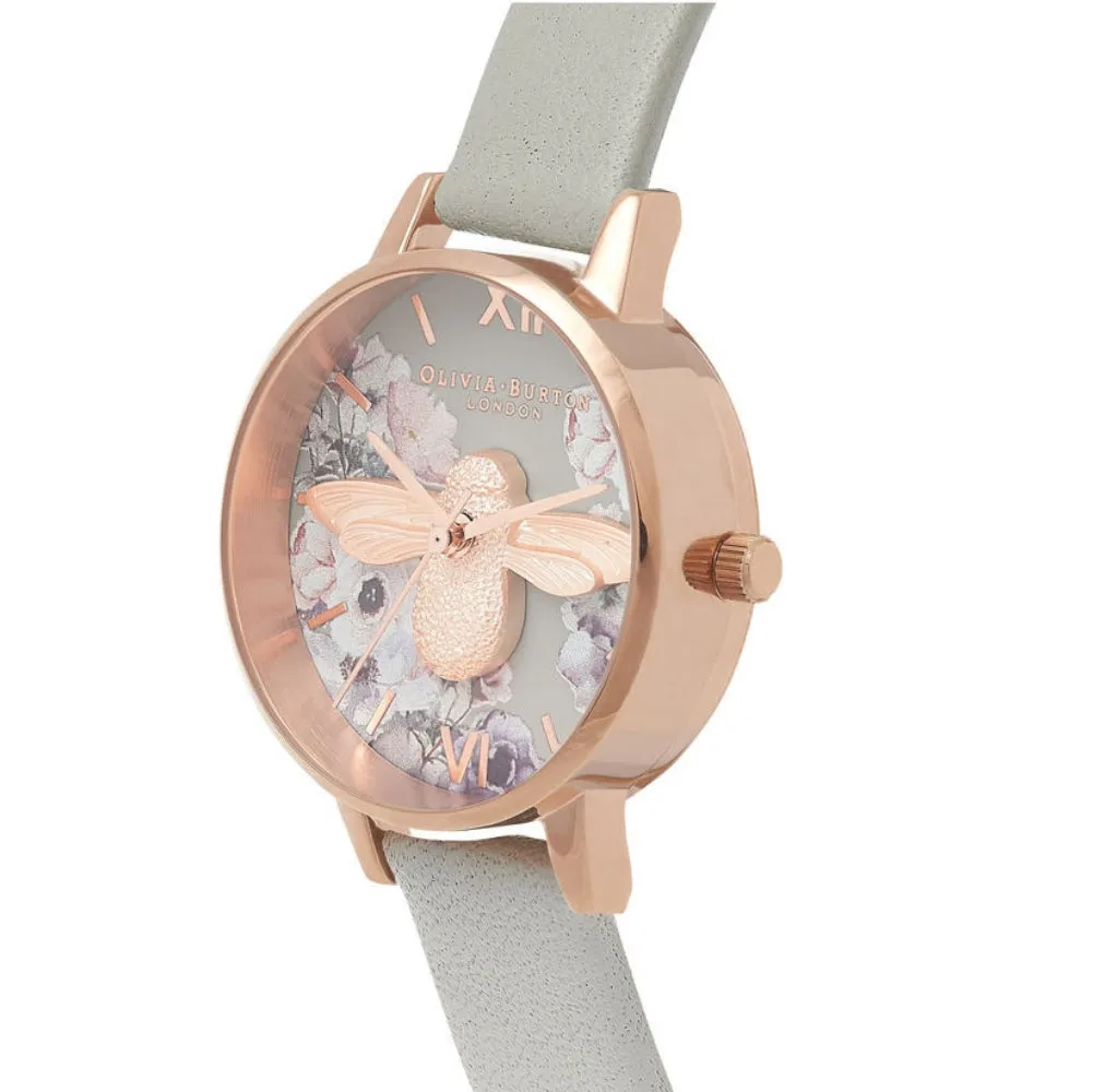 3D Bee Watercolor Florals Midi Dial Grey and Rose Gold Watch
