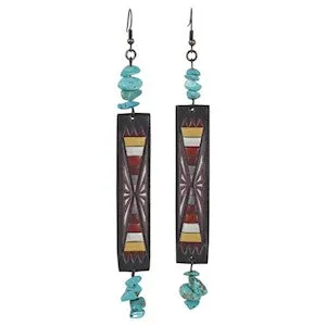 BG22189EJ2 Earrings-Leather w/Aztec Print & Turquoise Nuggets