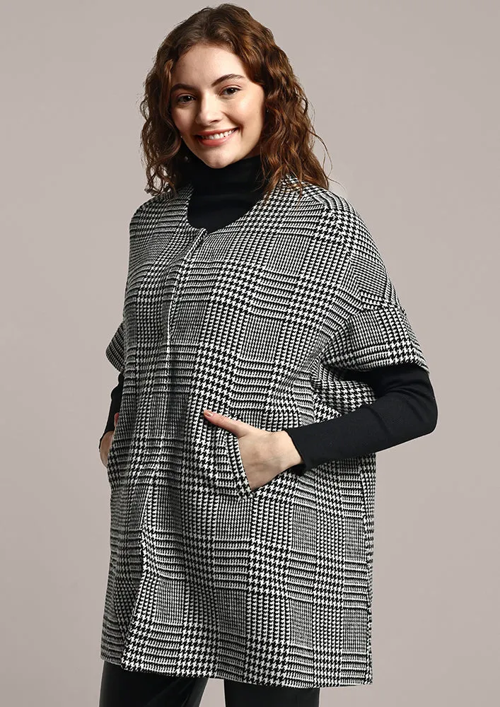 Black and White Check Design Cape Cardigan