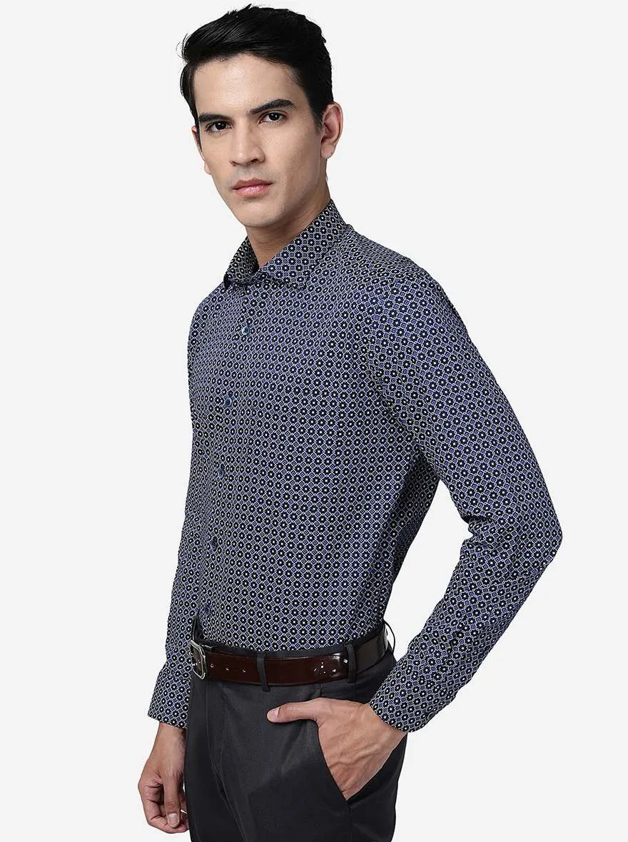 Blue Printed Slim Fit Formal Shirt | Metal