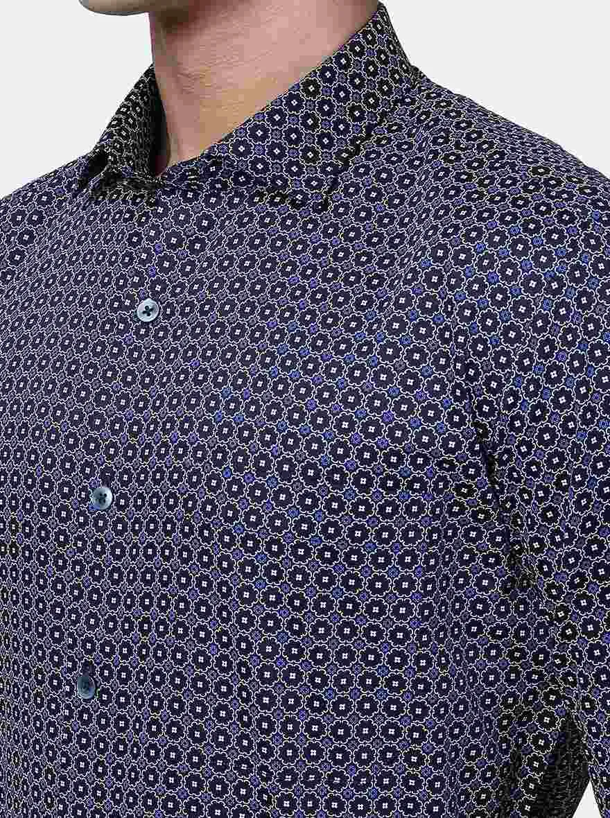 Blue Printed Slim Fit Formal Shirt | Metal