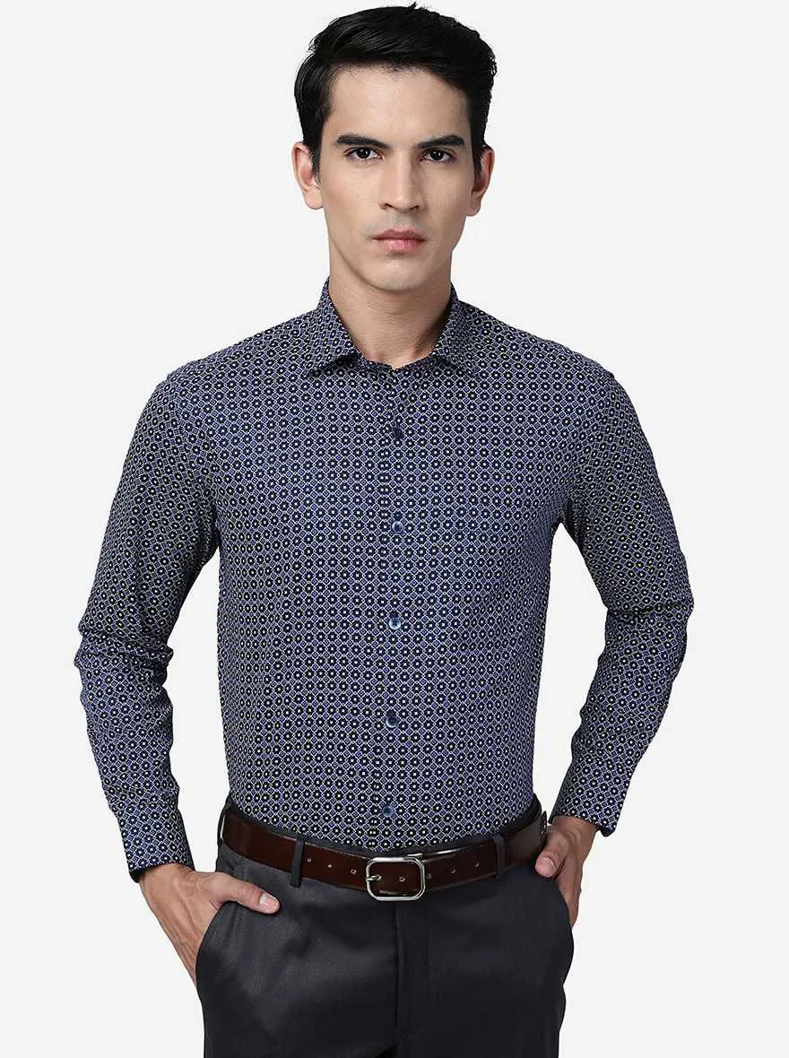 Blue Printed Slim Fit Formal Shirt | Metal