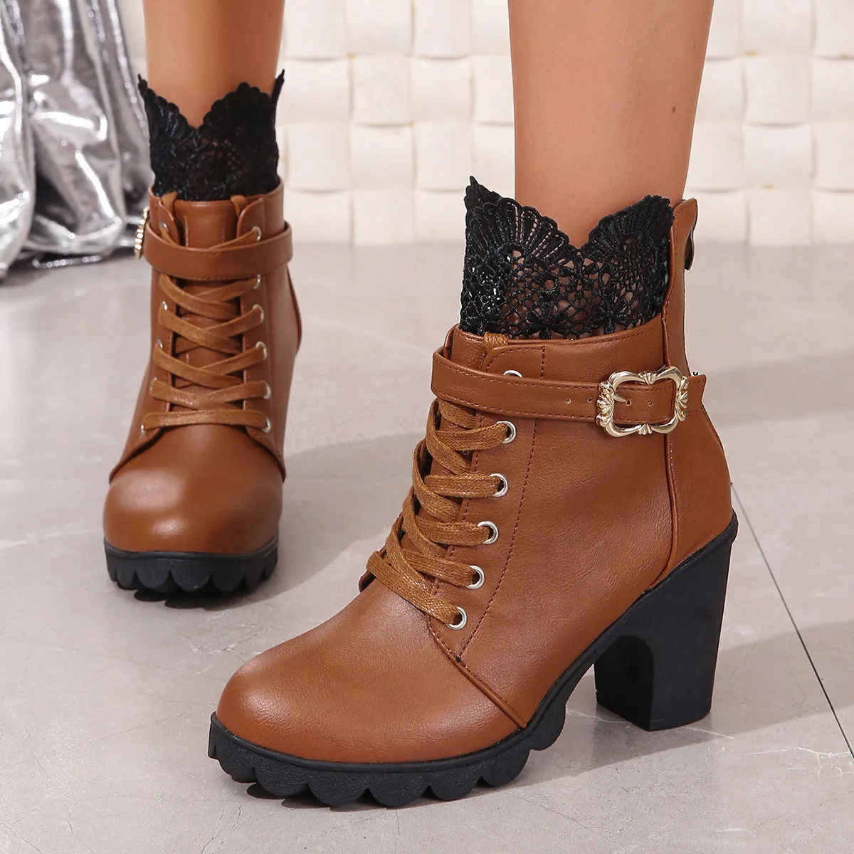 Chunky Heel Waterproof Platform Lace Fashion Boots