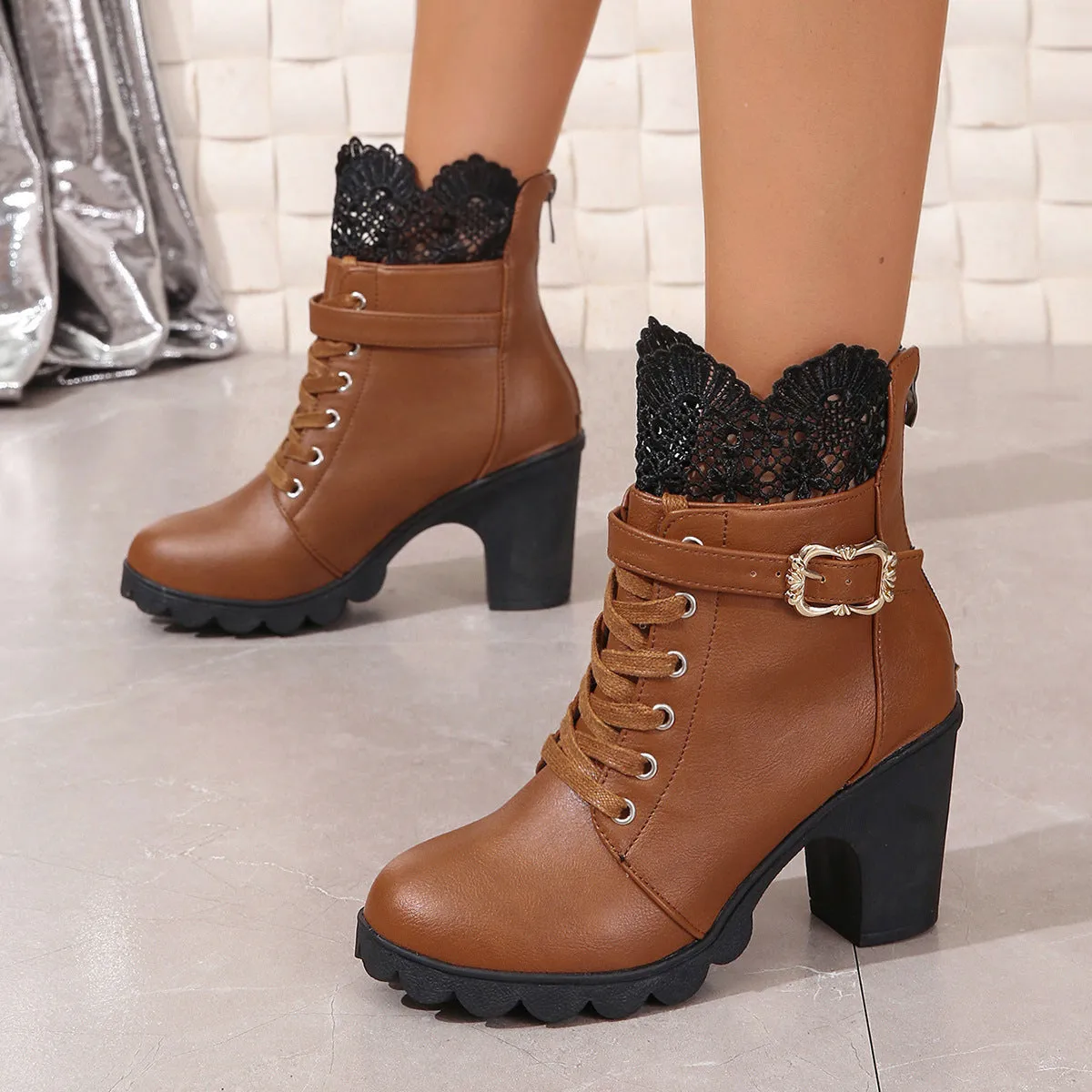 Chunky Heel Waterproof Platform Lace Fashion Boots