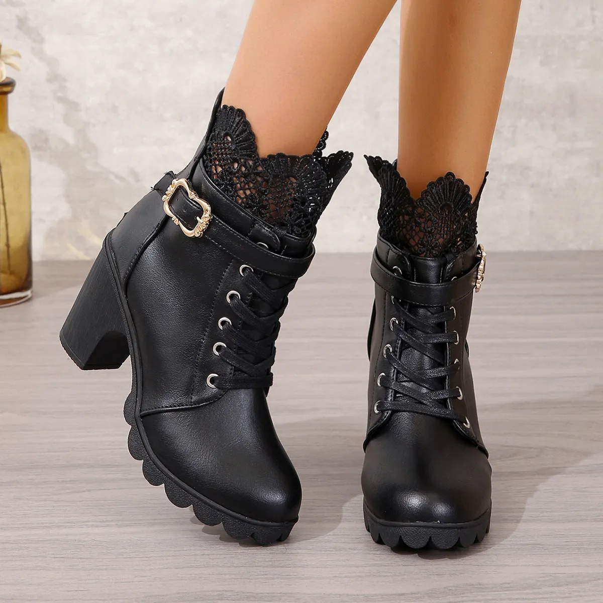 Chunky Heel Waterproof Platform Lace Fashion Boots