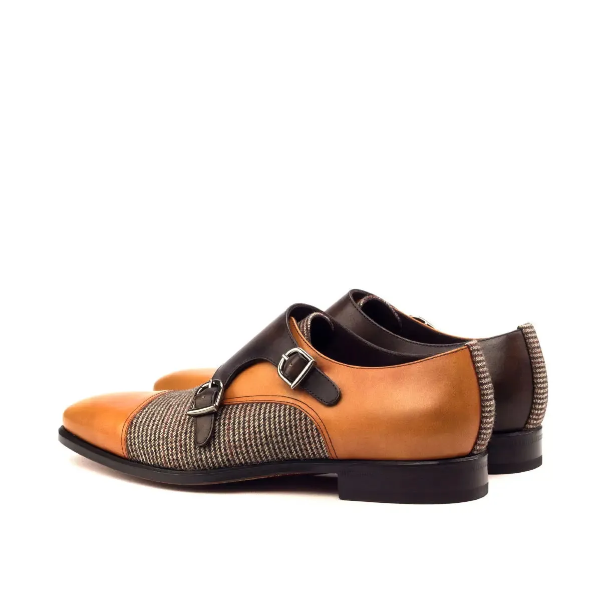DapperFam Monaco in Tweed / Cognac / Dark Brown Men's Sartorial & Italian Leather Double Monk