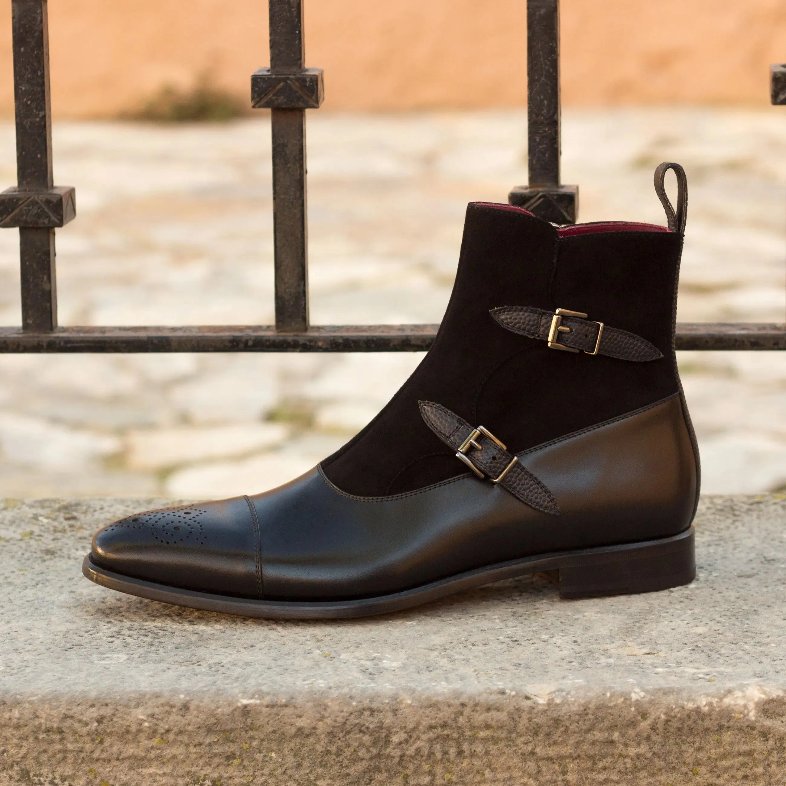 DapperFam Octavian in Black Men's Italian Suede & Italian Pebble Grain Leather Buckle Boot