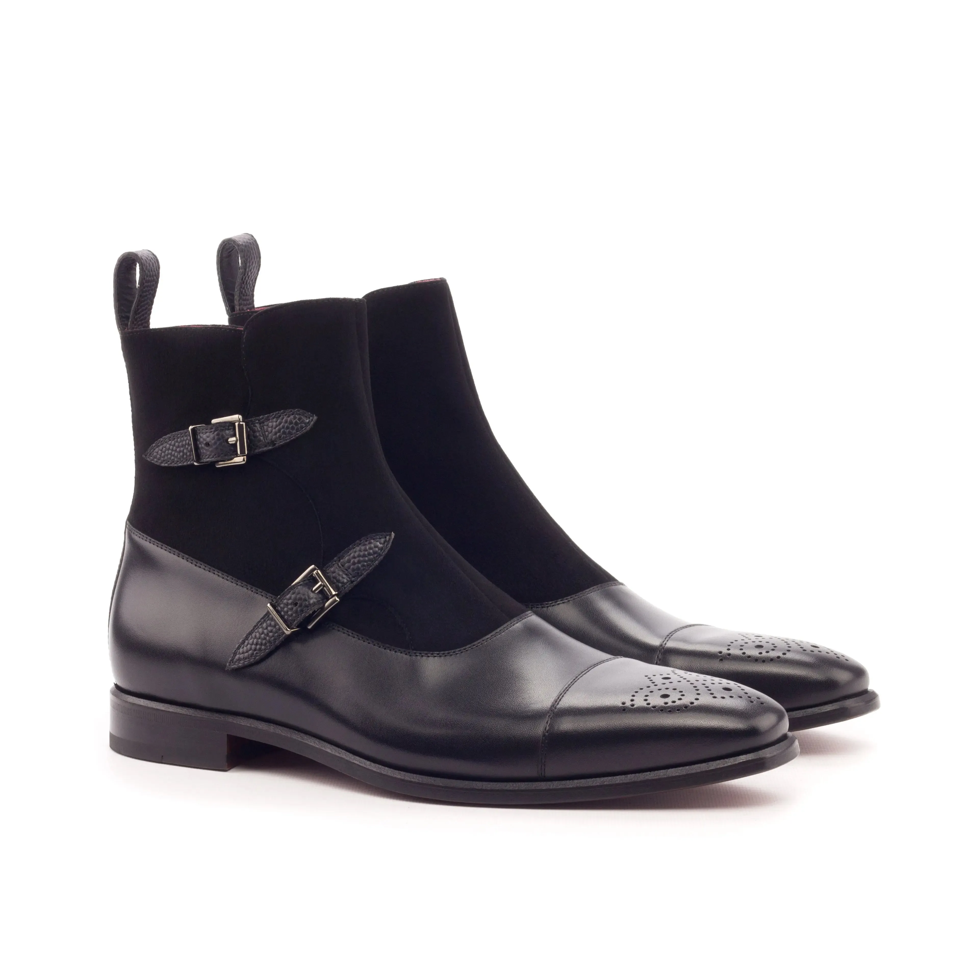 DapperFam Octavian in Black Men's Italian Suede & Italian Pebble Grain Leather Buckle Boot