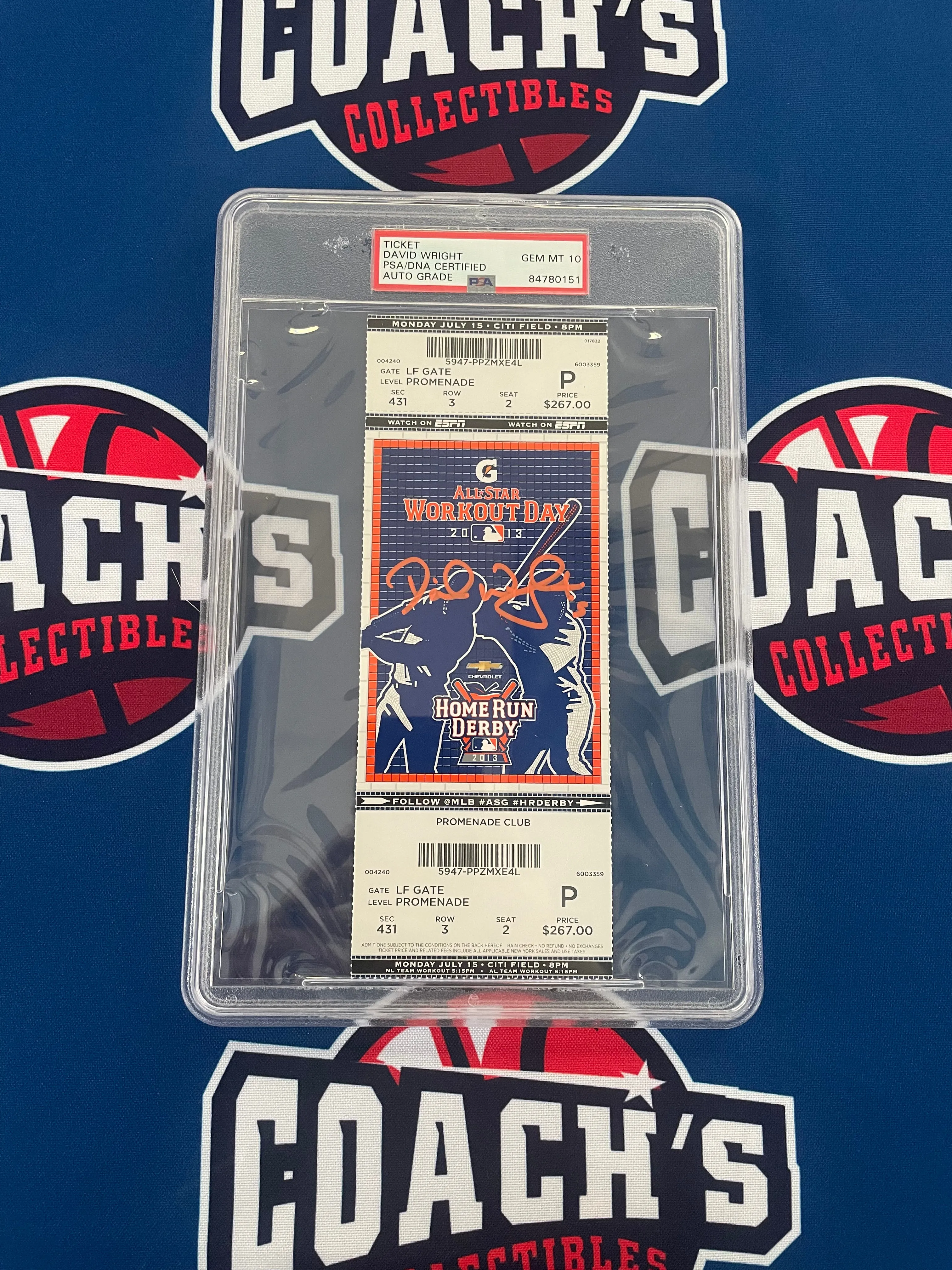 David Wright Autographed 2013 All Star HR Derby Day Stub Gem 10 Auto Grade (PSA SLABBED)