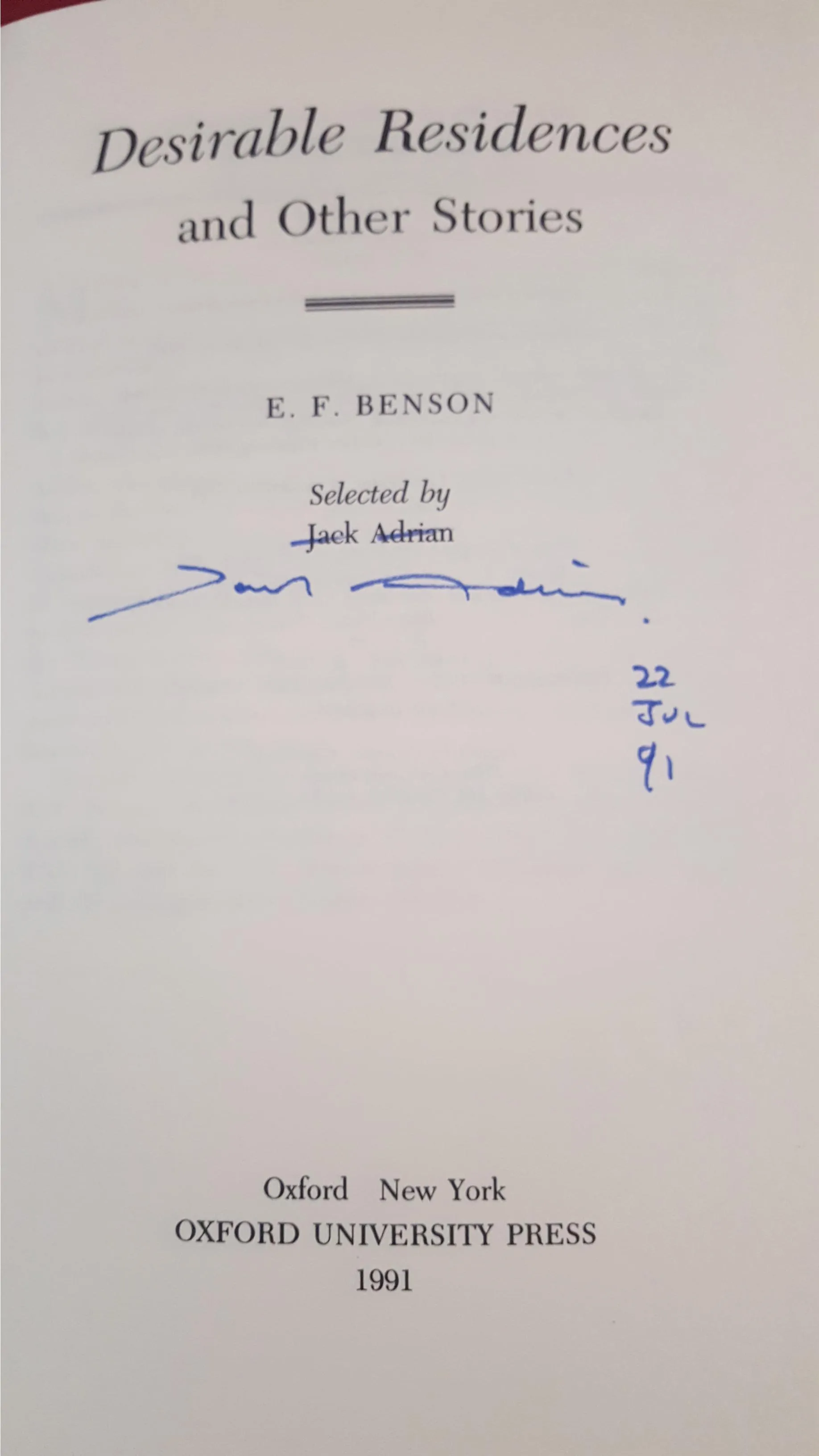 E F Benson - Desirable Residences, Oxford University, 1991, 1st Edition