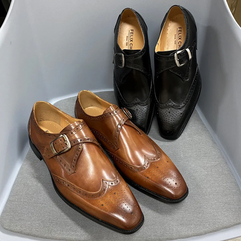 Factory Direct Supply Amazon Summer Men's Business Leather Shoes Brogue Cowhide Men's Shoes Slip-on Formal Shoes