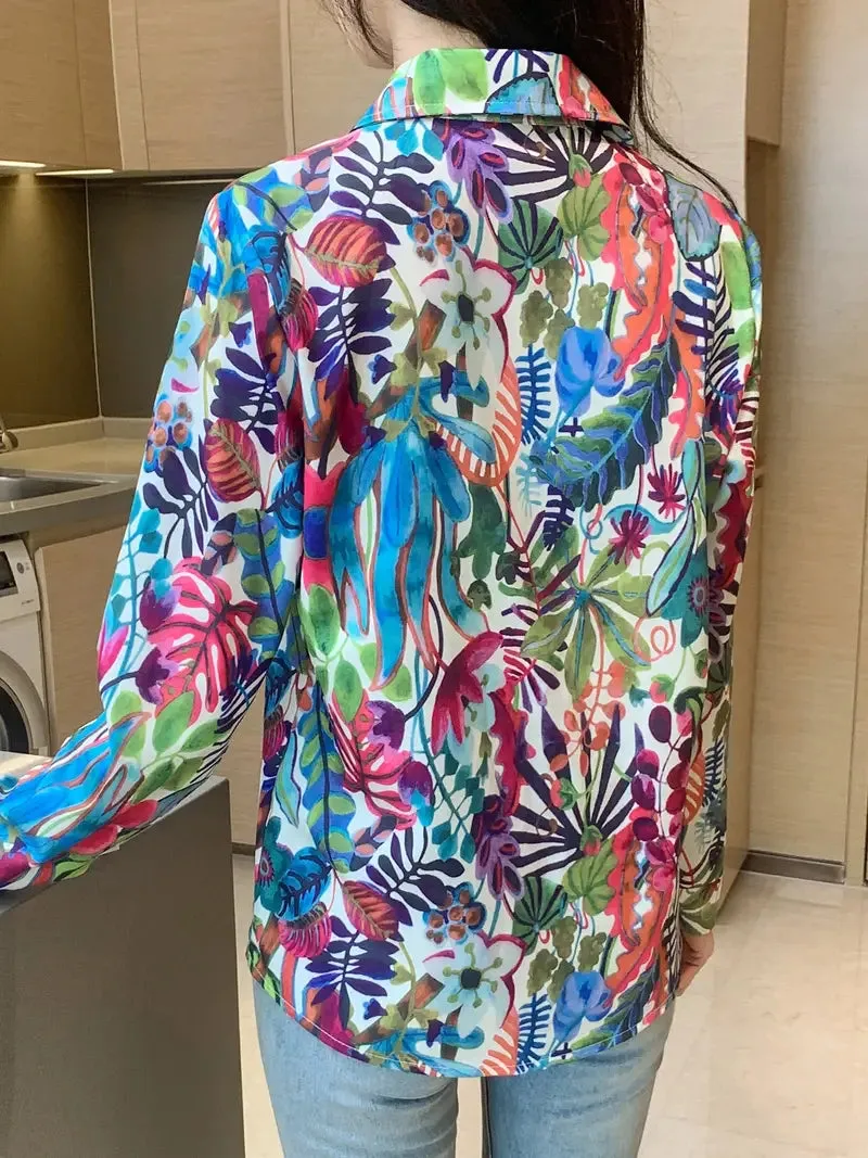 Floral Print Button Front Shirt, Casual Long Sleeve