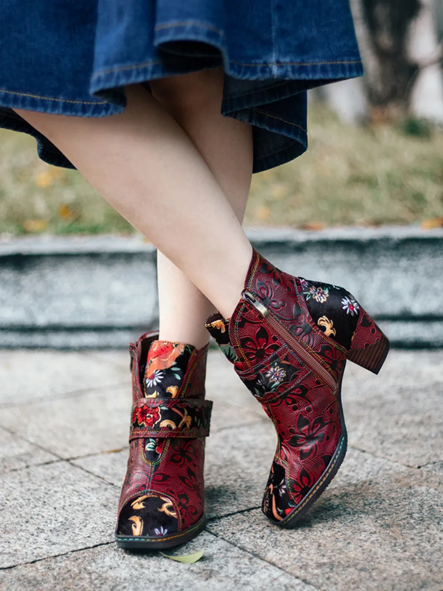 Genuine Leather Orchid Embossed Red Heel Ankle Boots