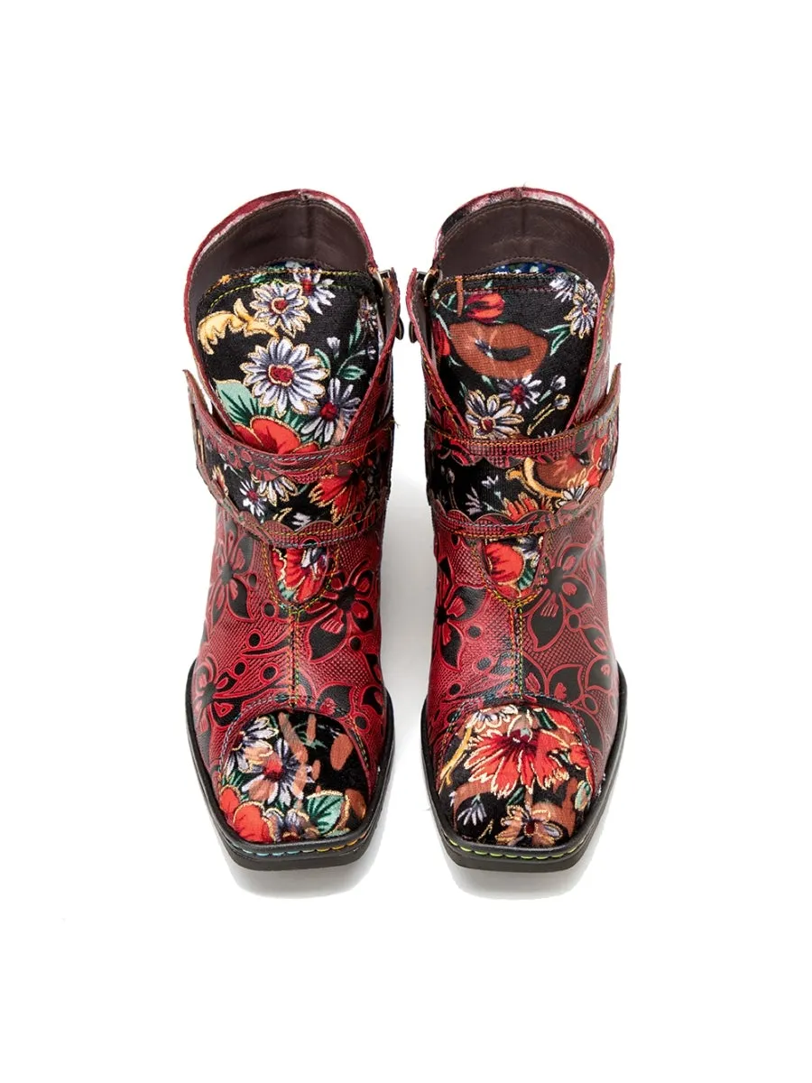 Genuine Leather Orchid Embossed Red Heel Ankle Boots