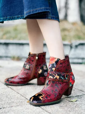 Genuine Leather Orchid Embossed Red Heel Ankle Boots