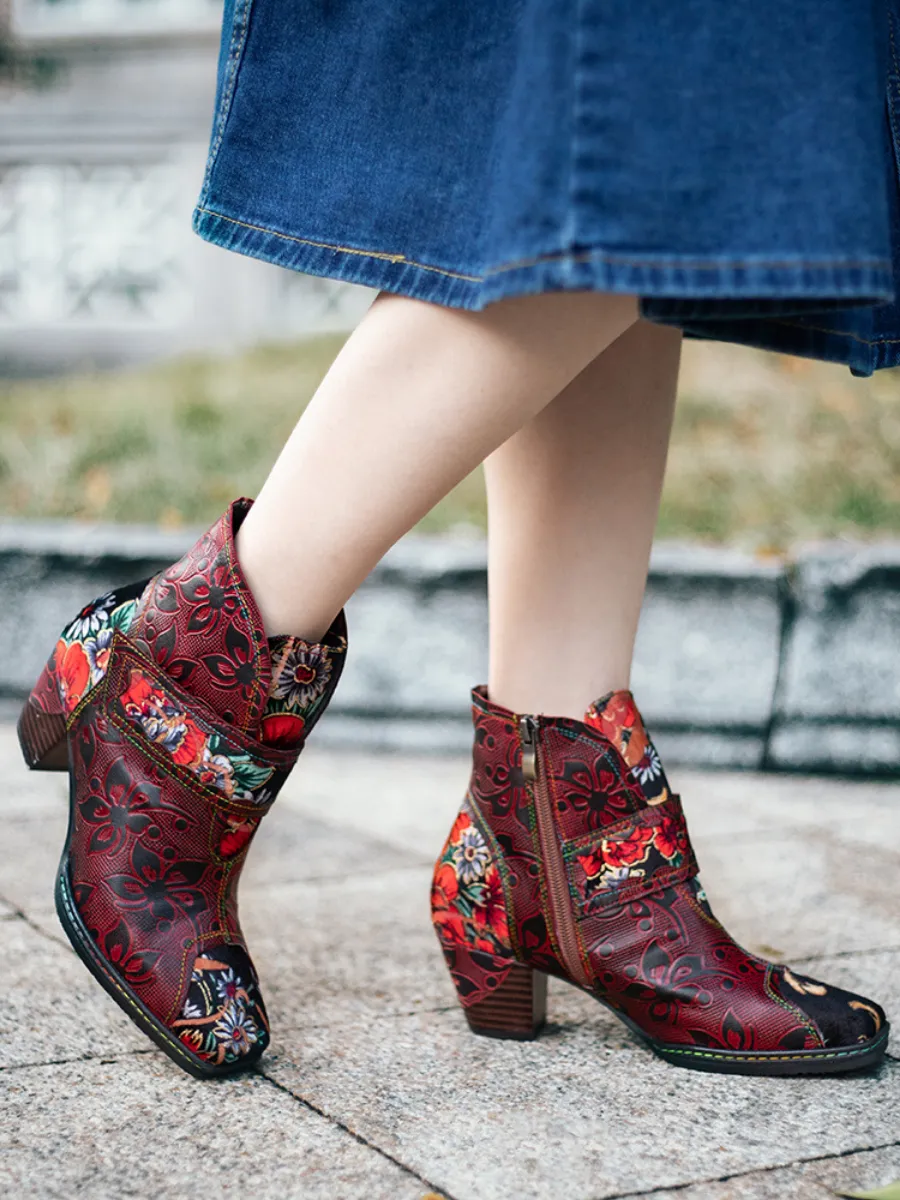 Genuine Leather Orchid Embossed Red Heel Ankle Boots