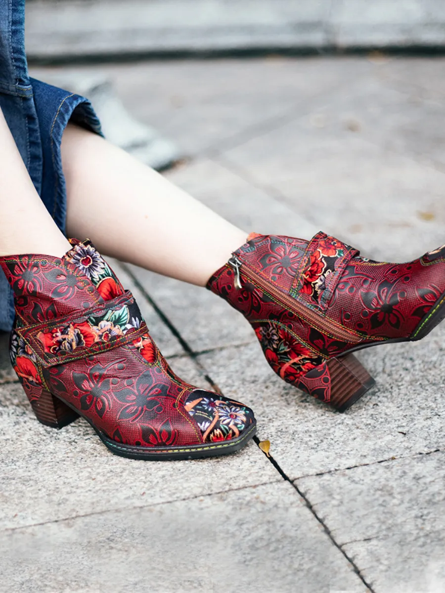 Genuine Leather Orchid Embossed Red Heel Ankle Boots