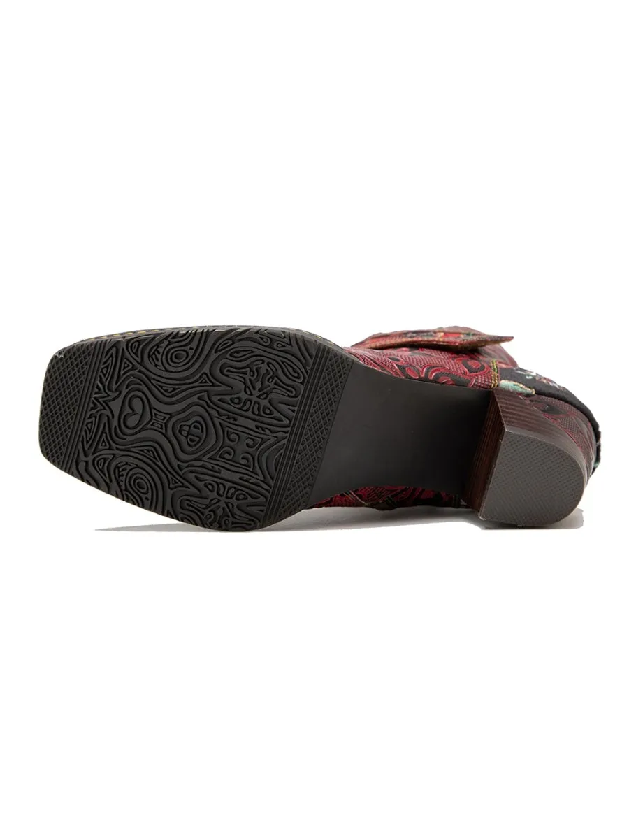 Genuine Leather Orchid Embossed Red Heel Ankle Boots