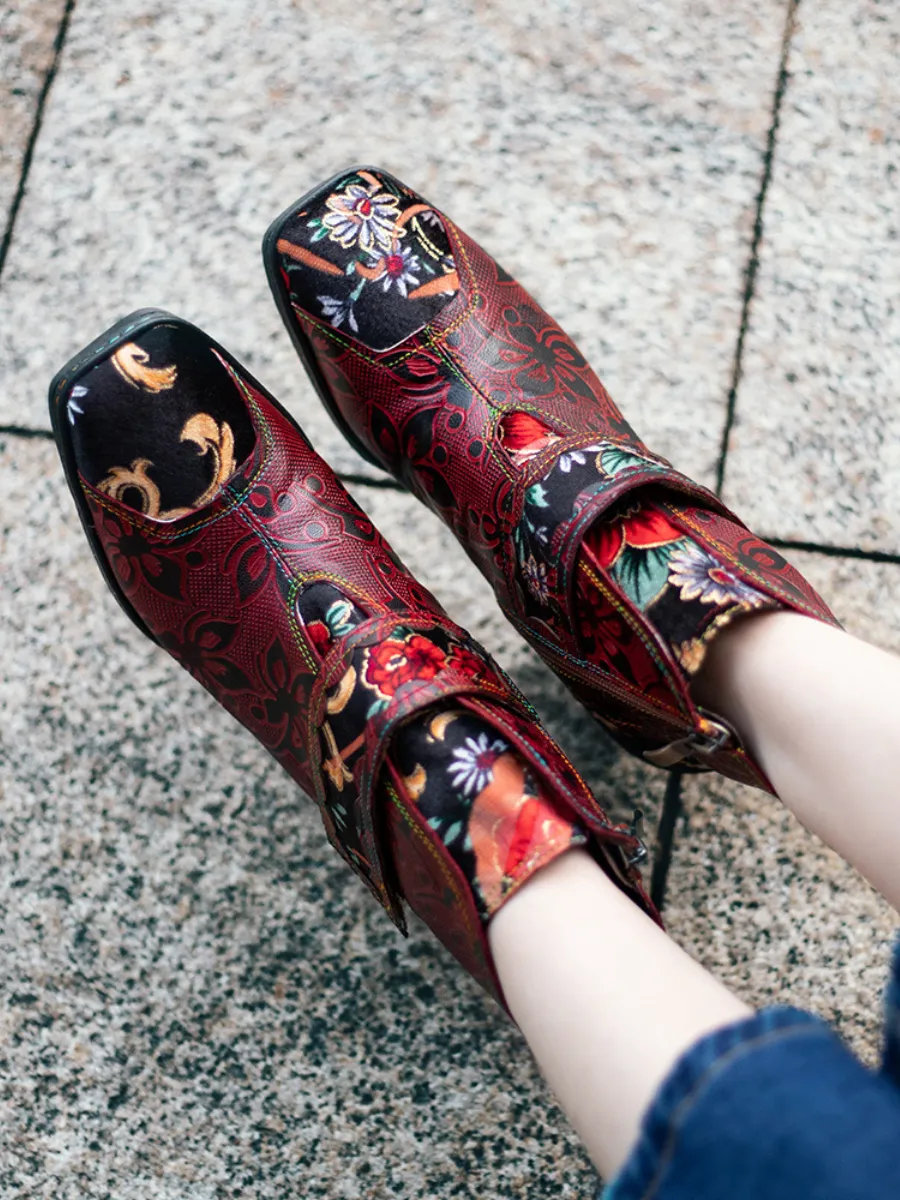 Genuine Leather Orchid Embossed Red Heel Ankle Boots