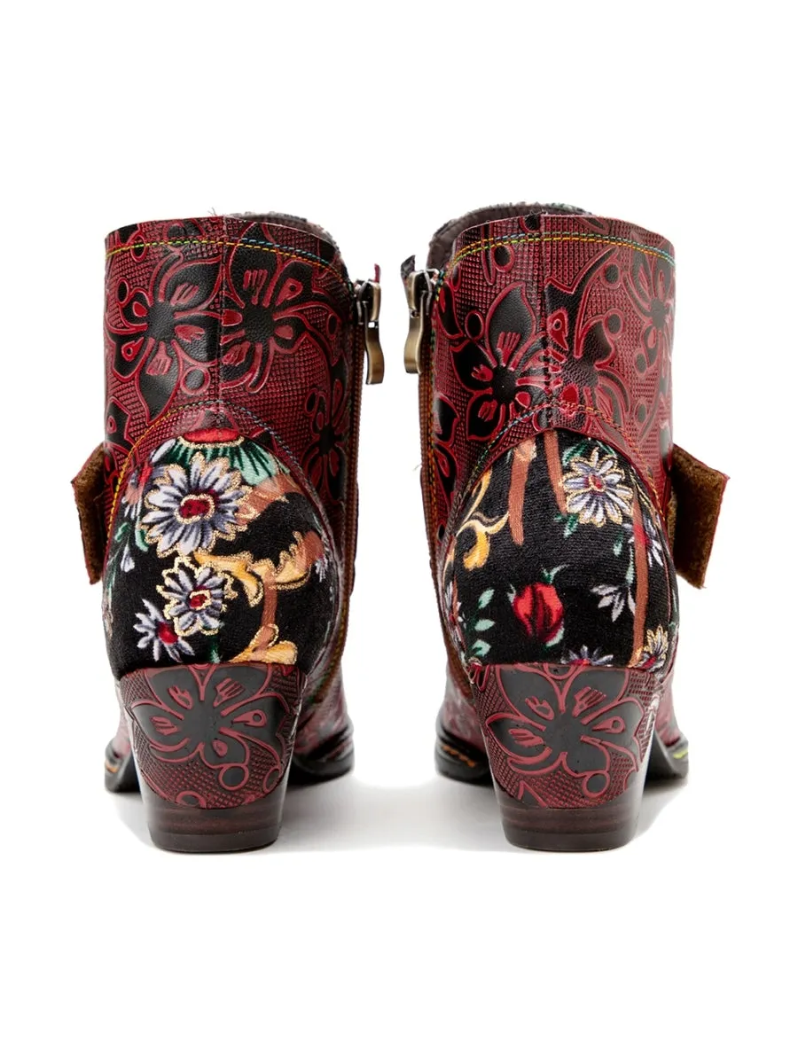 Genuine Leather Orchid Embossed Red Heel Ankle Boots