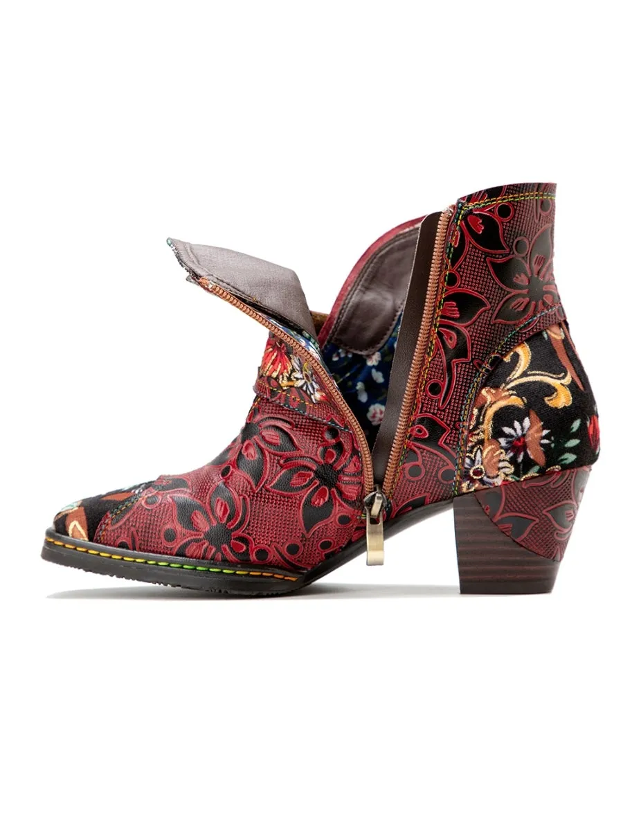 Genuine Leather Orchid Embossed Red Heel Ankle Boots