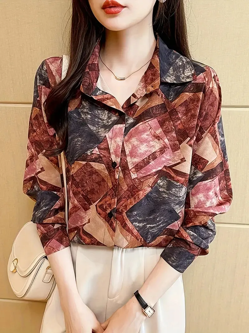 Geo Print Button Front Shirt, Vintage Long Sleeve