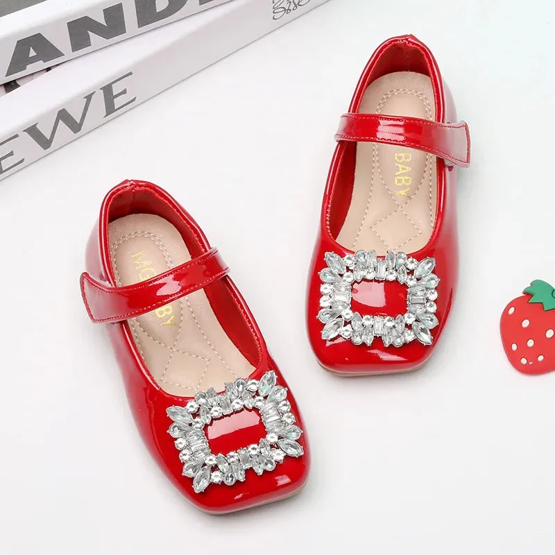 Kids Shoes for Girl Leather Shoes Fashion Rhinestone Flat Heels Infant Girls Party Shoes