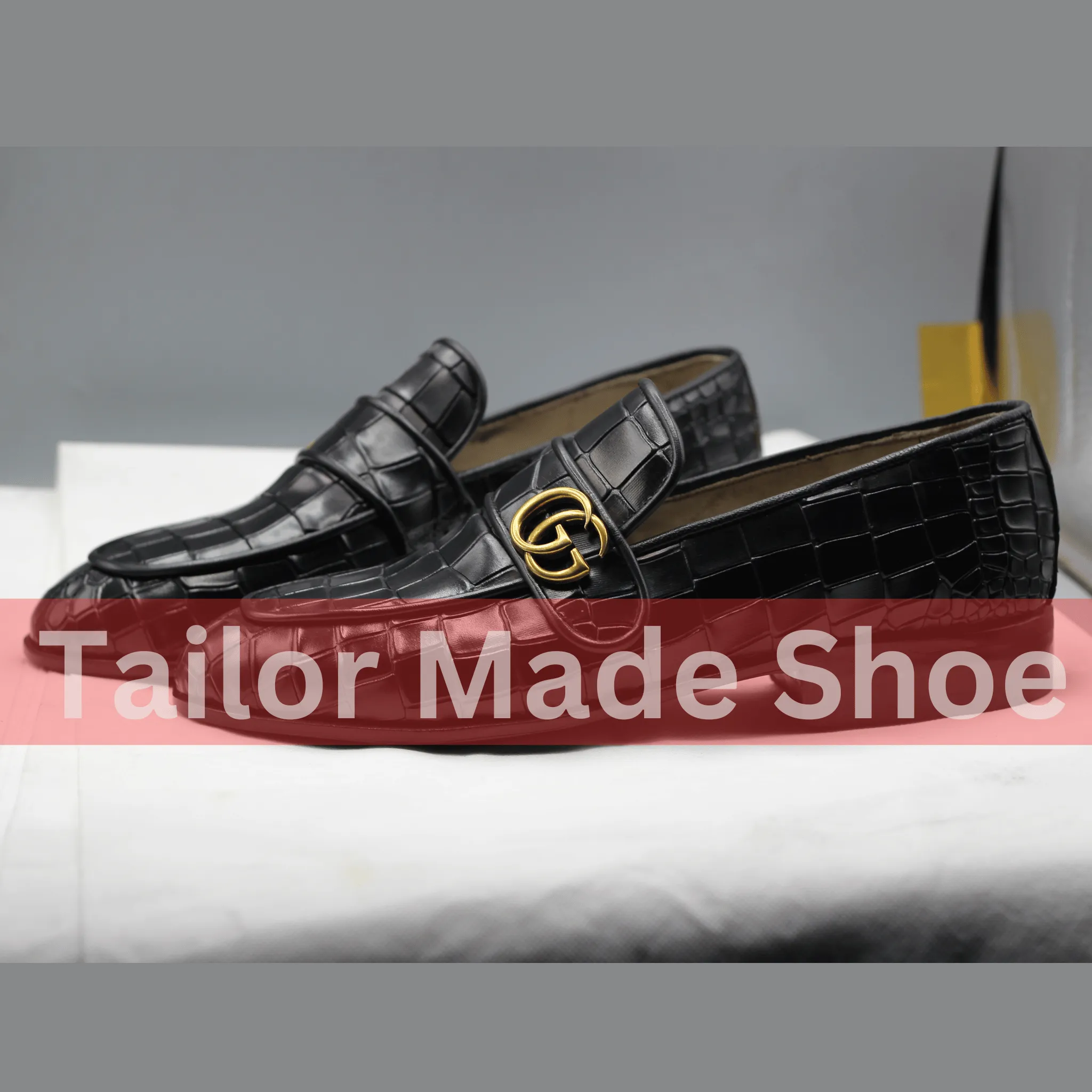 Luxury Black Crocodile-Embossed Loafers with Gold Accent Exclusive Black Crocodile Texture Loafers – Handmade Elegance