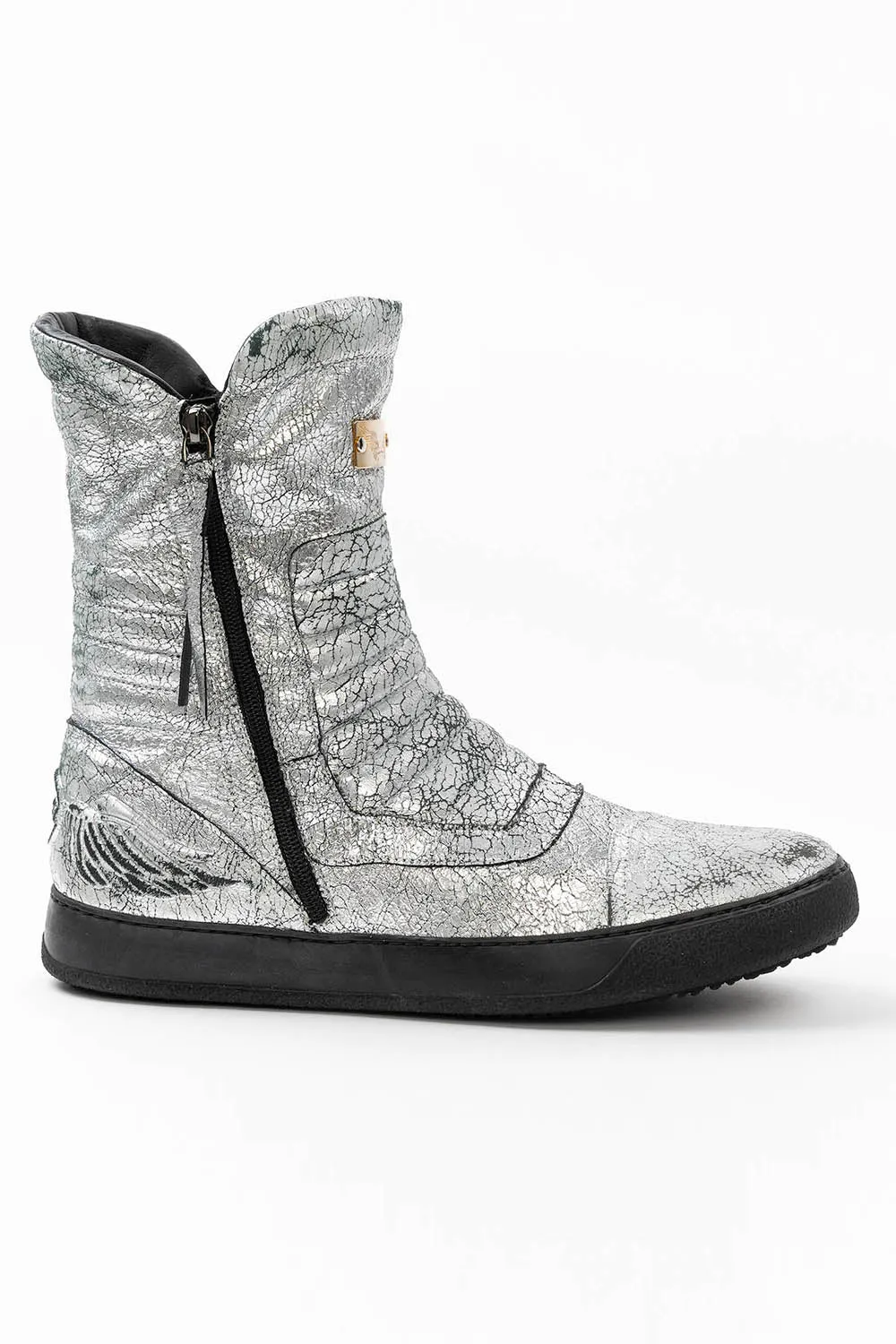MENS HIGH TOP BIKER SHOES IN CRACKLED SILVER