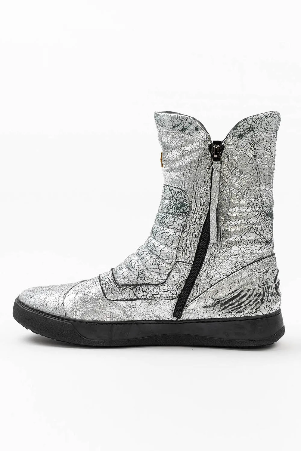 MENS HIGH TOP BIKER SHOES IN CRACKLED SILVER