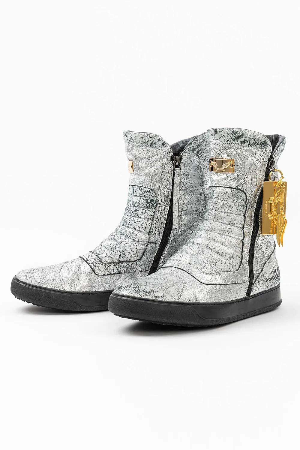 MENS HIGH TOP BIKER SHOES IN CRACKLED SILVER
