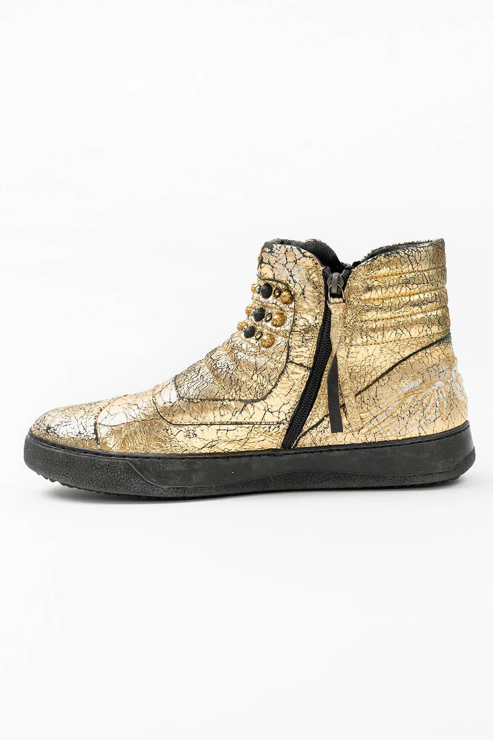 MENS MID TOP BIKER SHOES IN CRACKLED GOLD LEATHER WITH CRYSTALS AND STUDS