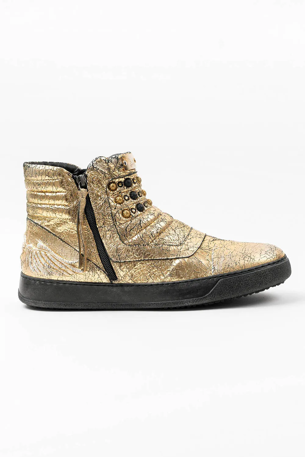MENS MID TOP BIKER SHOES IN CRACKLED GOLD LEATHER WITH CRYSTALS AND STUDS