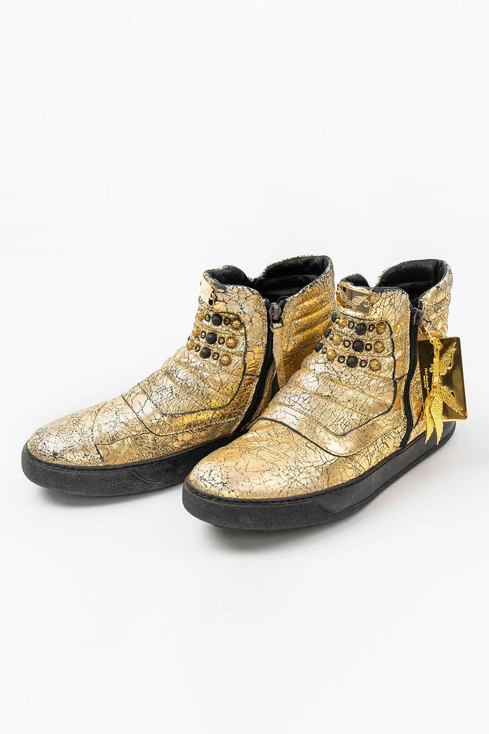 MENS MID TOP BIKER SHOES IN CRACKLED GOLD LEATHER WITH CRYSTALS AND STUDS
