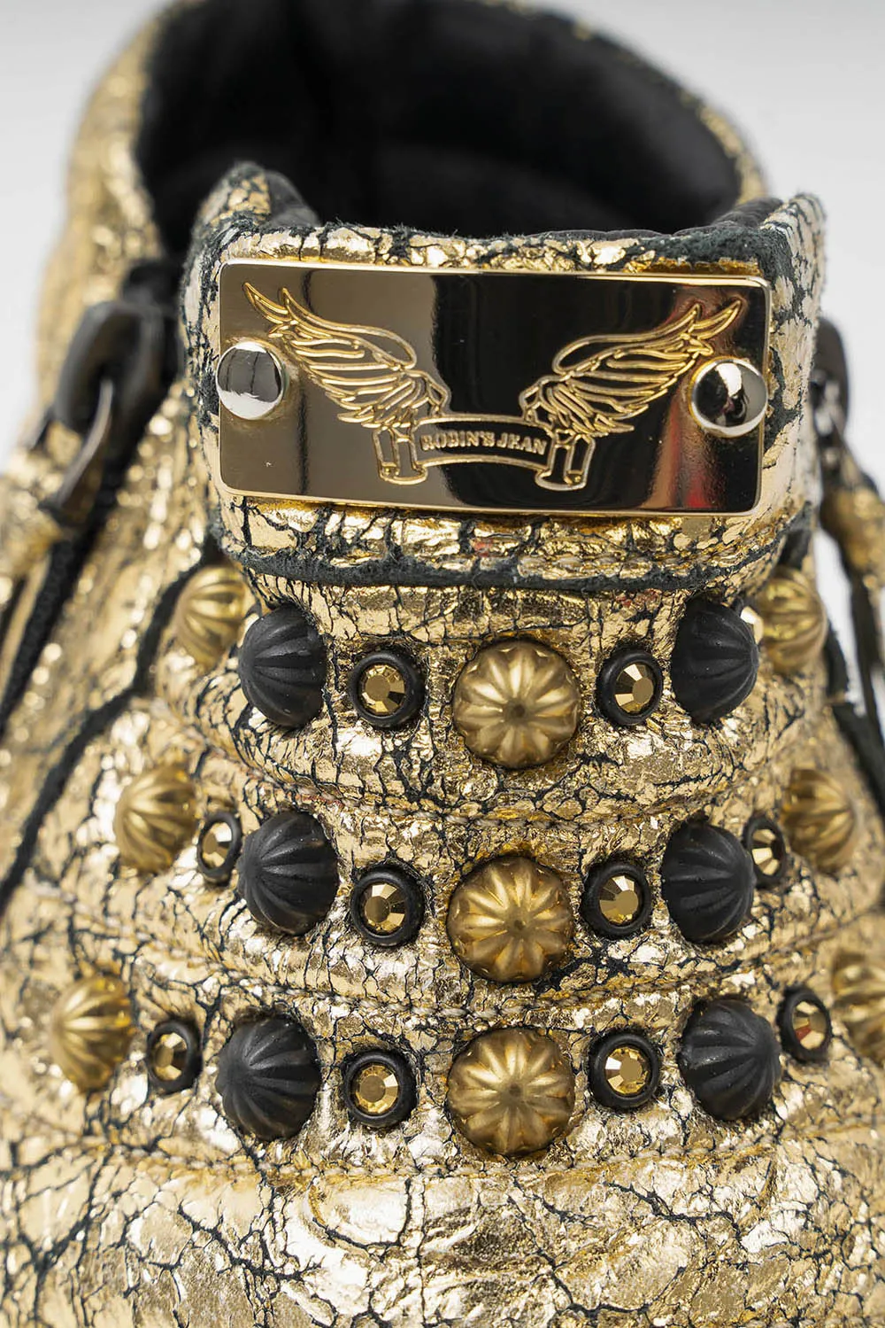 MENS MID TOP BIKER SHOES IN CRACKLED GOLD LEATHER WITH CRYSTALS AND STUDS