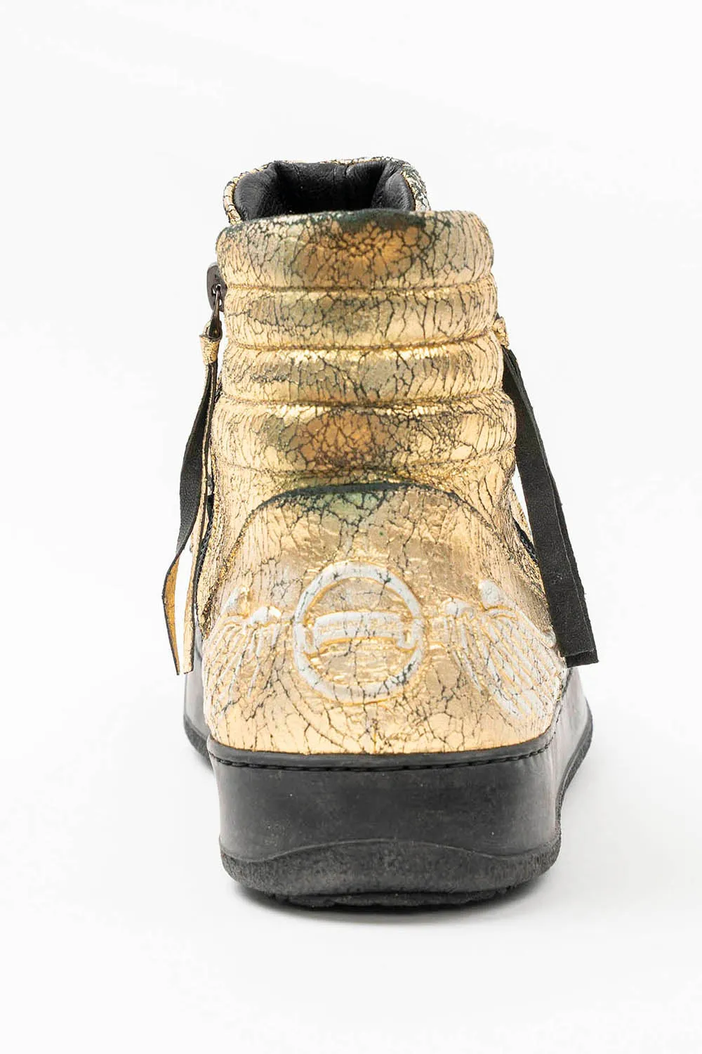 MENS MID TOP BIKER SHOES IN CRACKLED GOLD LEATHER WITH CRYSTALS AND STUDS