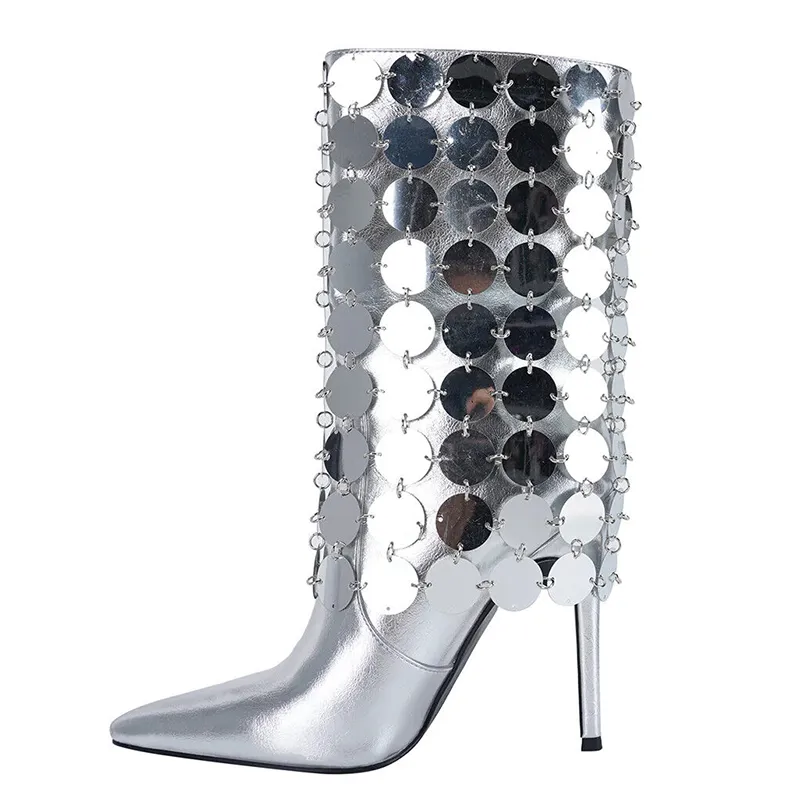 Metal leather fashion sequin pointed toe ankle boots