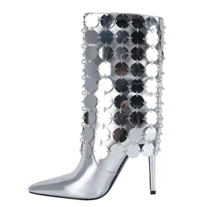 Metal leather fashion sequin pointed toe ankle boots