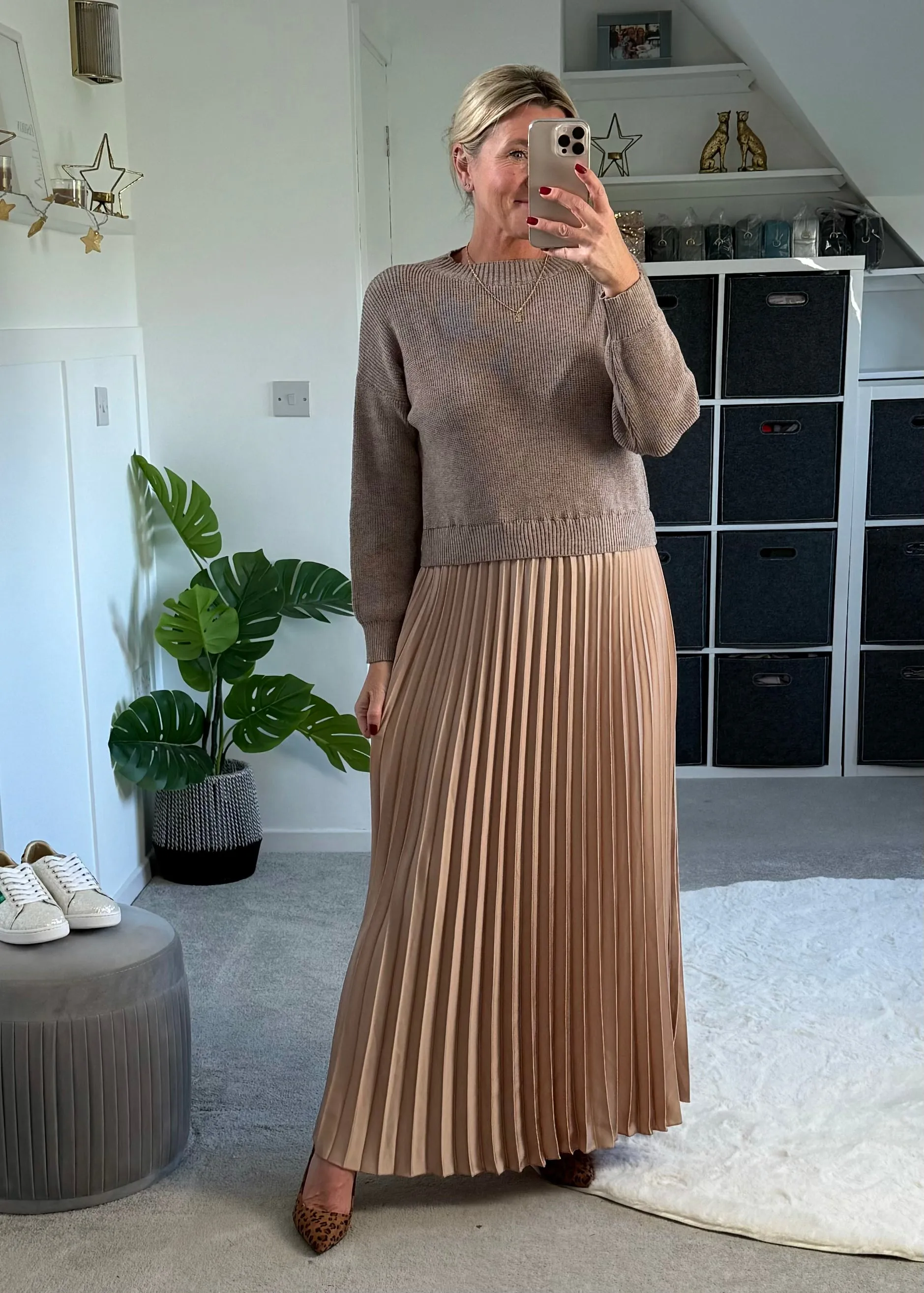 Mocha/Gold Pleated Jumper Dress