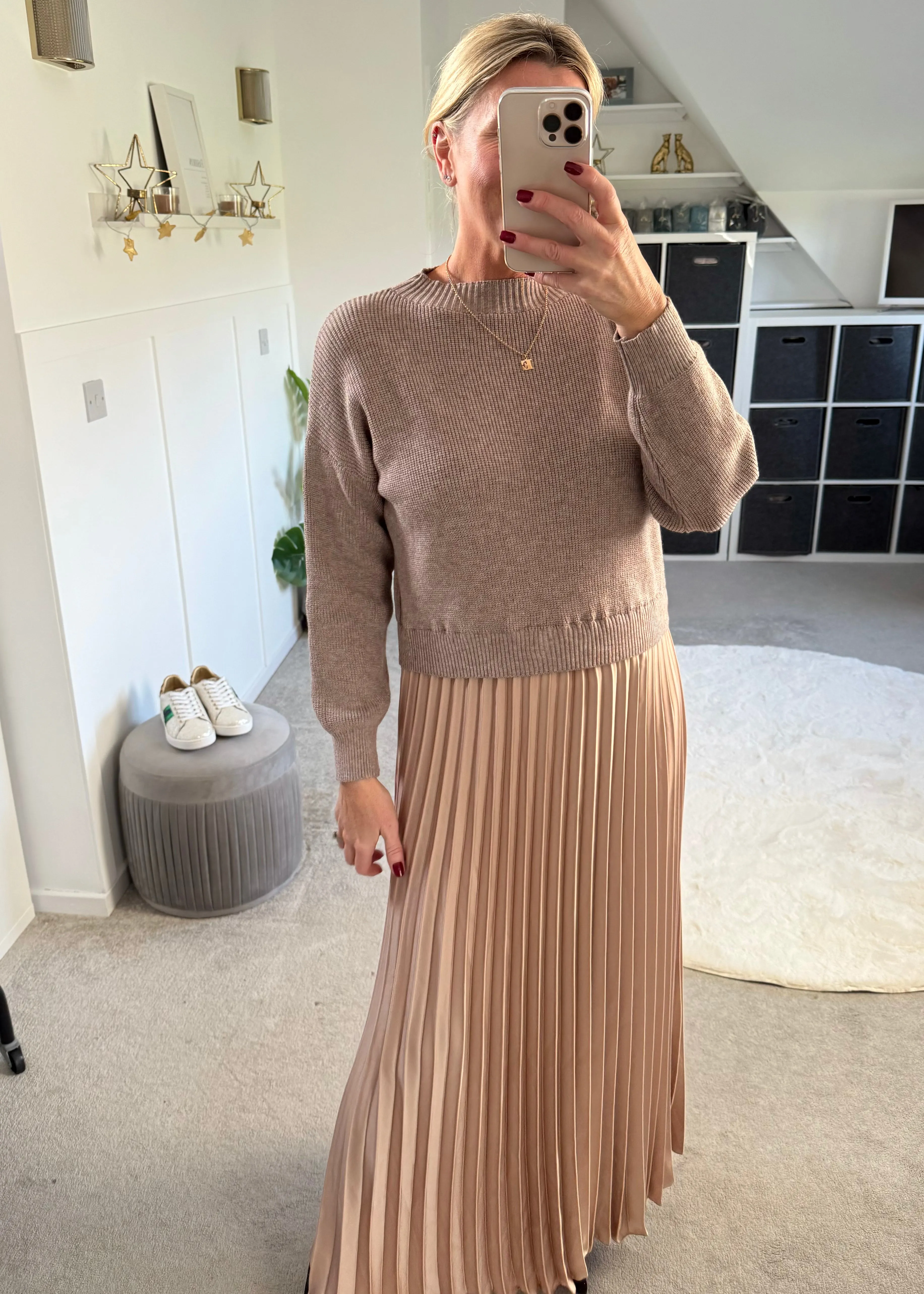Mocha/Gold Pleated Jumper Dress