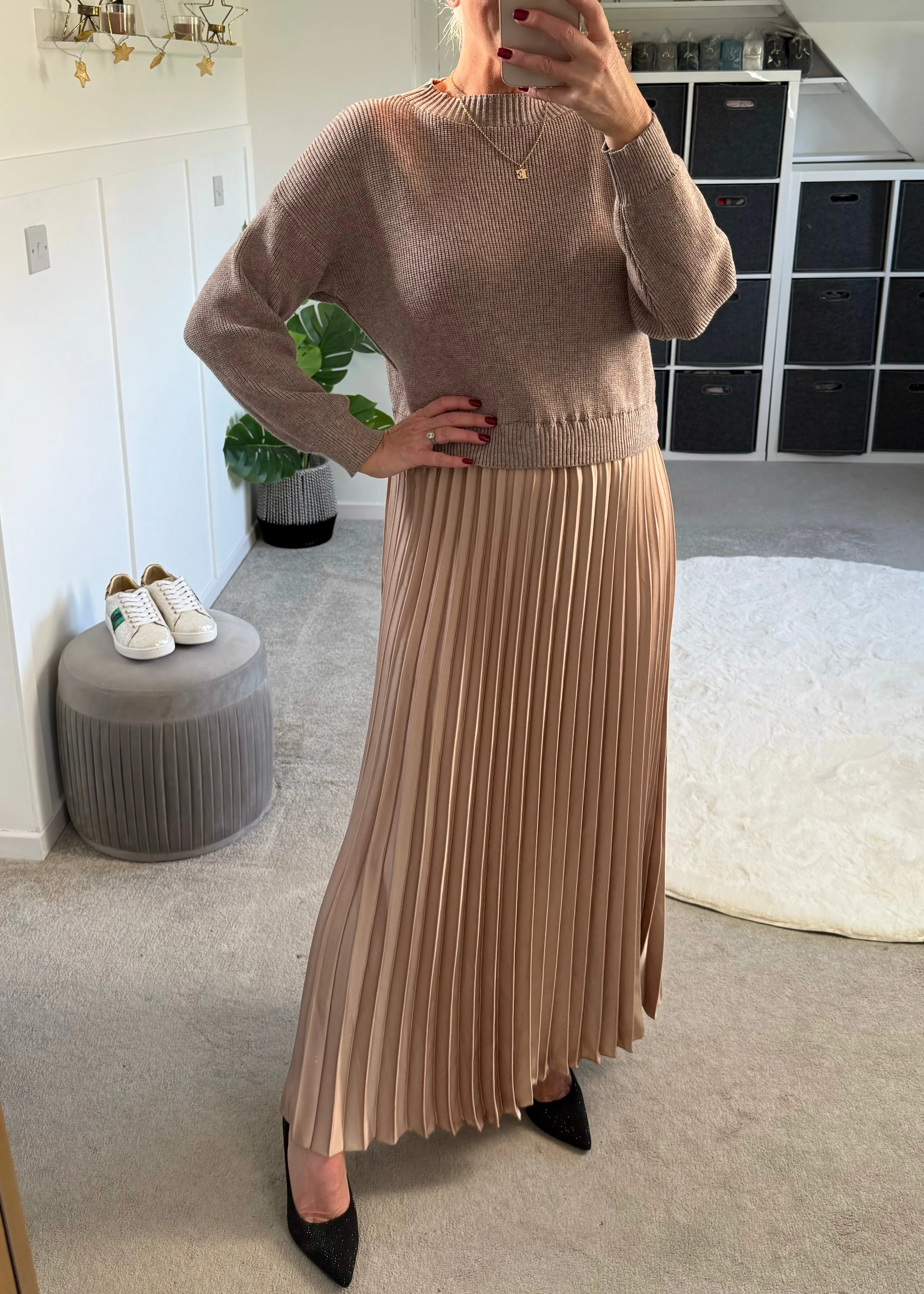 Mocha/Gold Pleated Jumper Dress