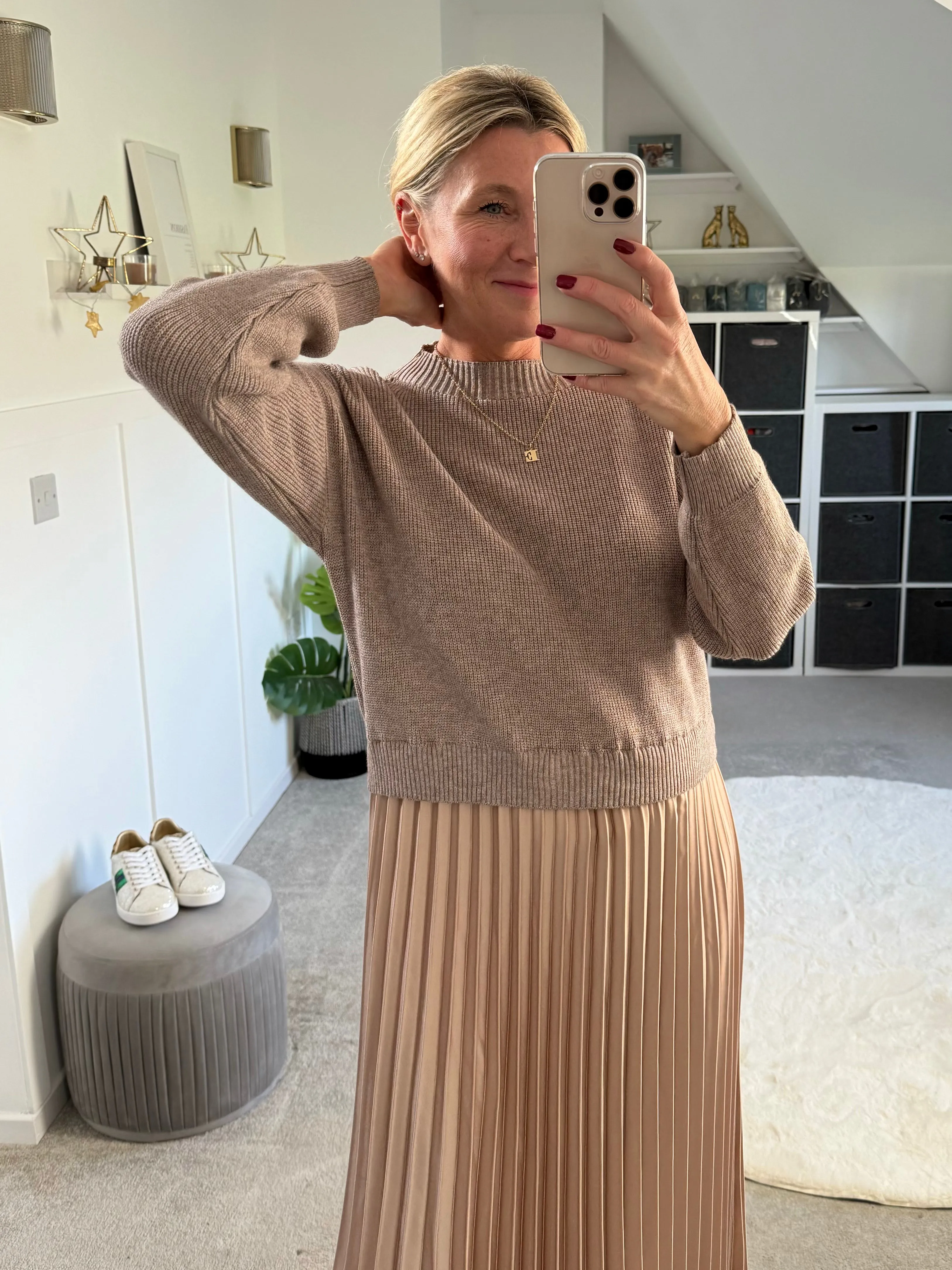 Mocha/Gold Pleated Jumper Dress