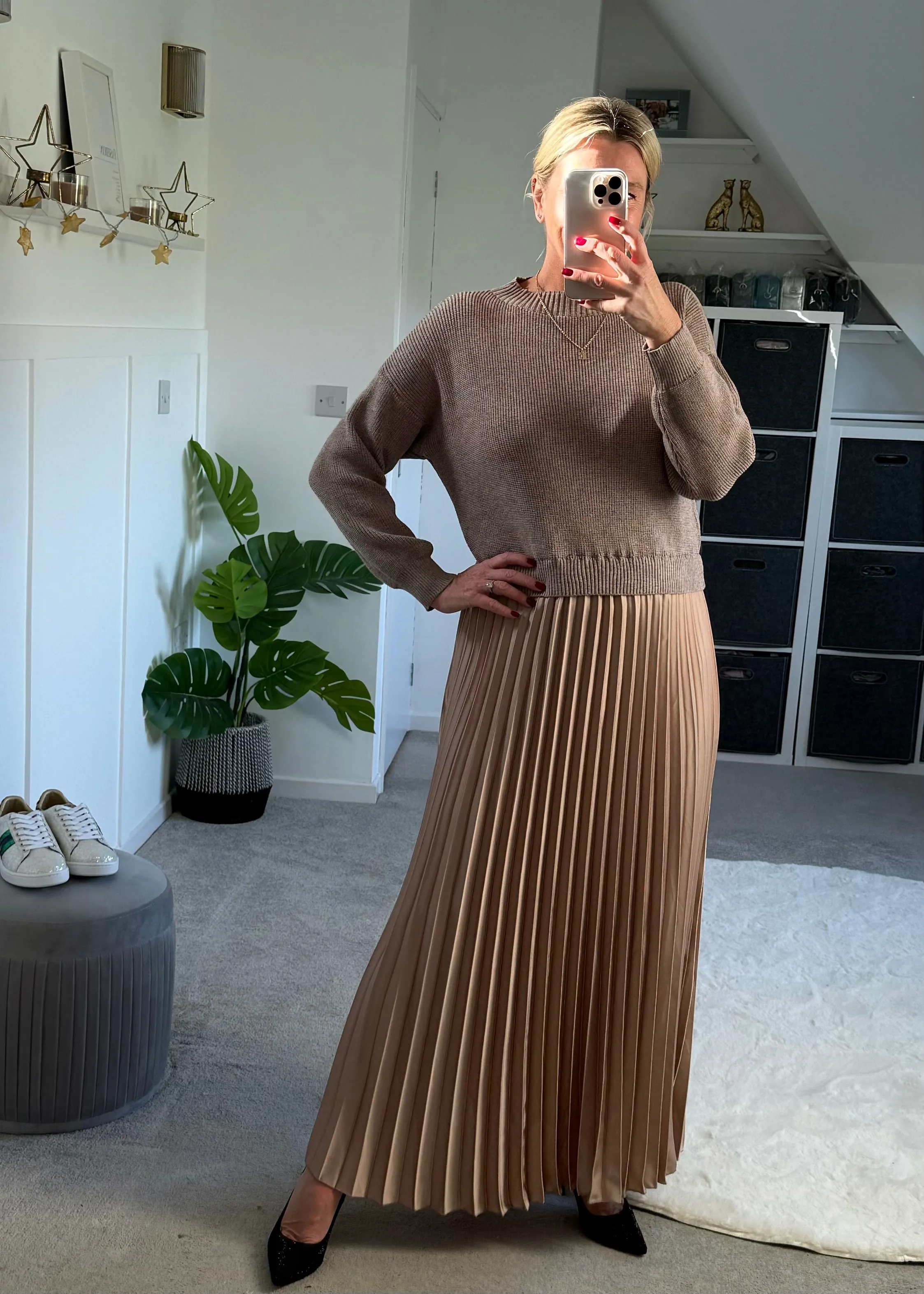 Mocha/Gold Pleated Jumper Dress