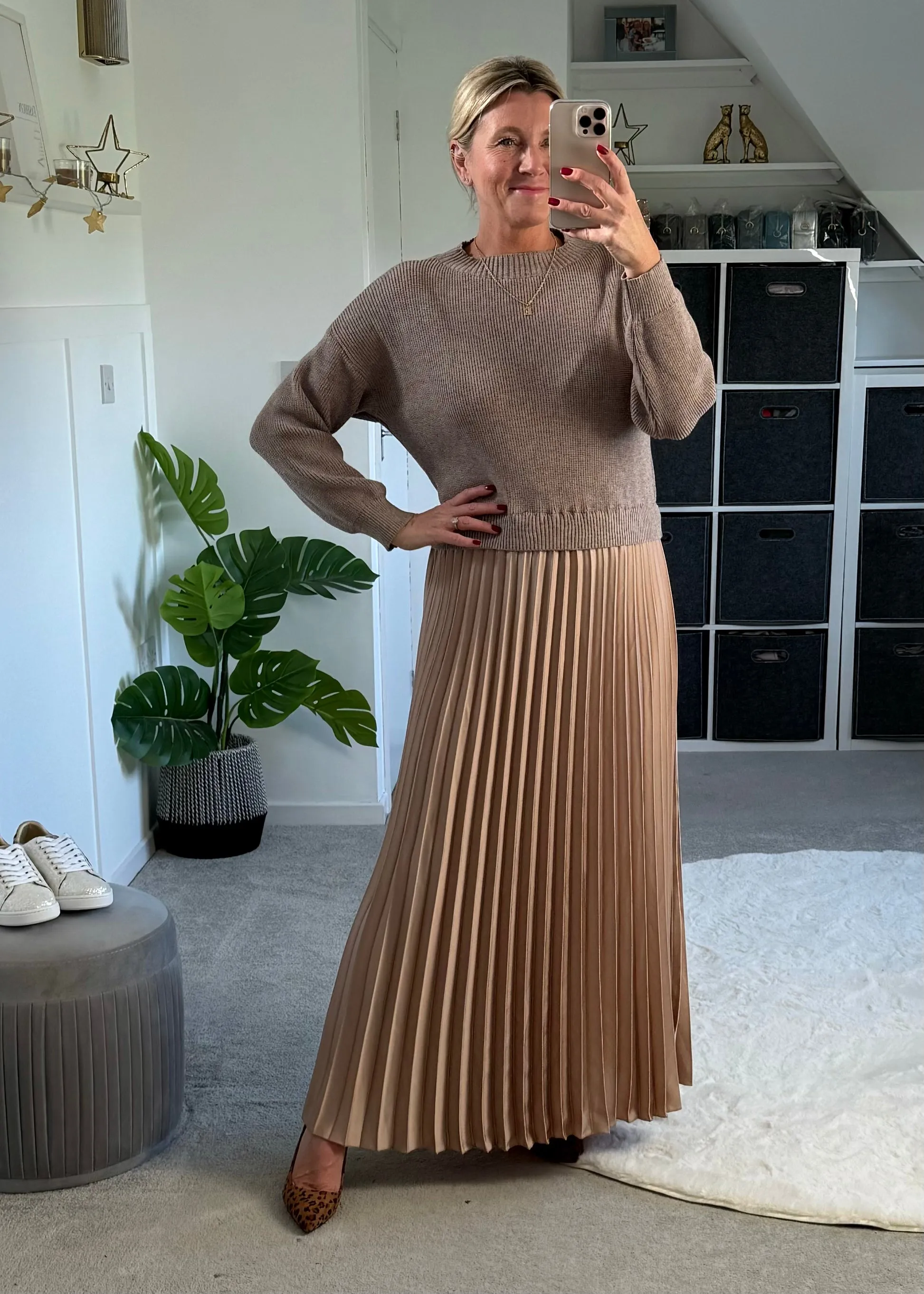 Mocha/Gold Pleated Jumper Dress